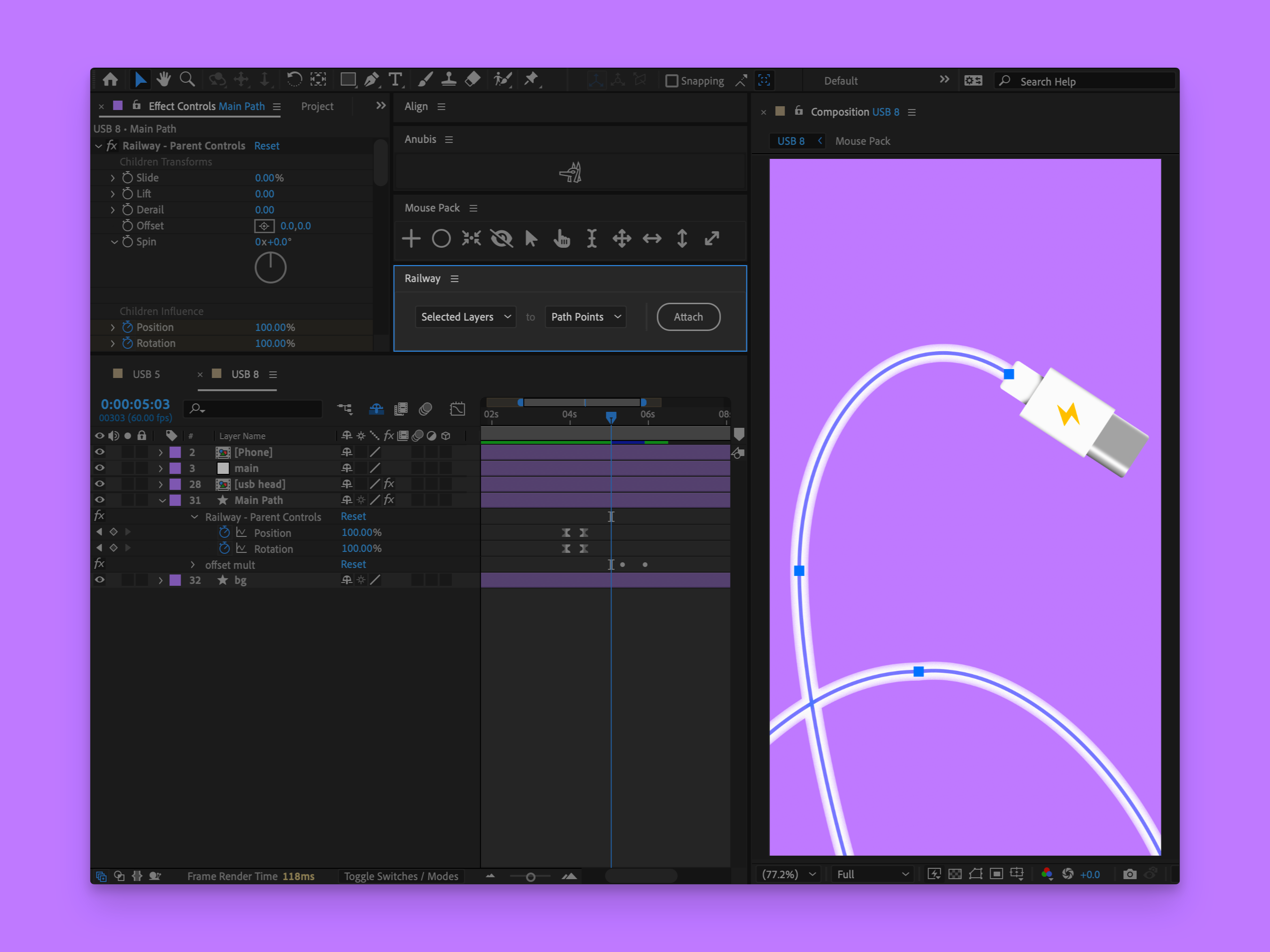 Railway Demo Inside After effects, the Railway panel is highlighted and the active comp viewer is displaying a comp of a USB cable illustration. The cable itself is made of a shape layer path which the USB plug is attached to using Railway. Light purple background.