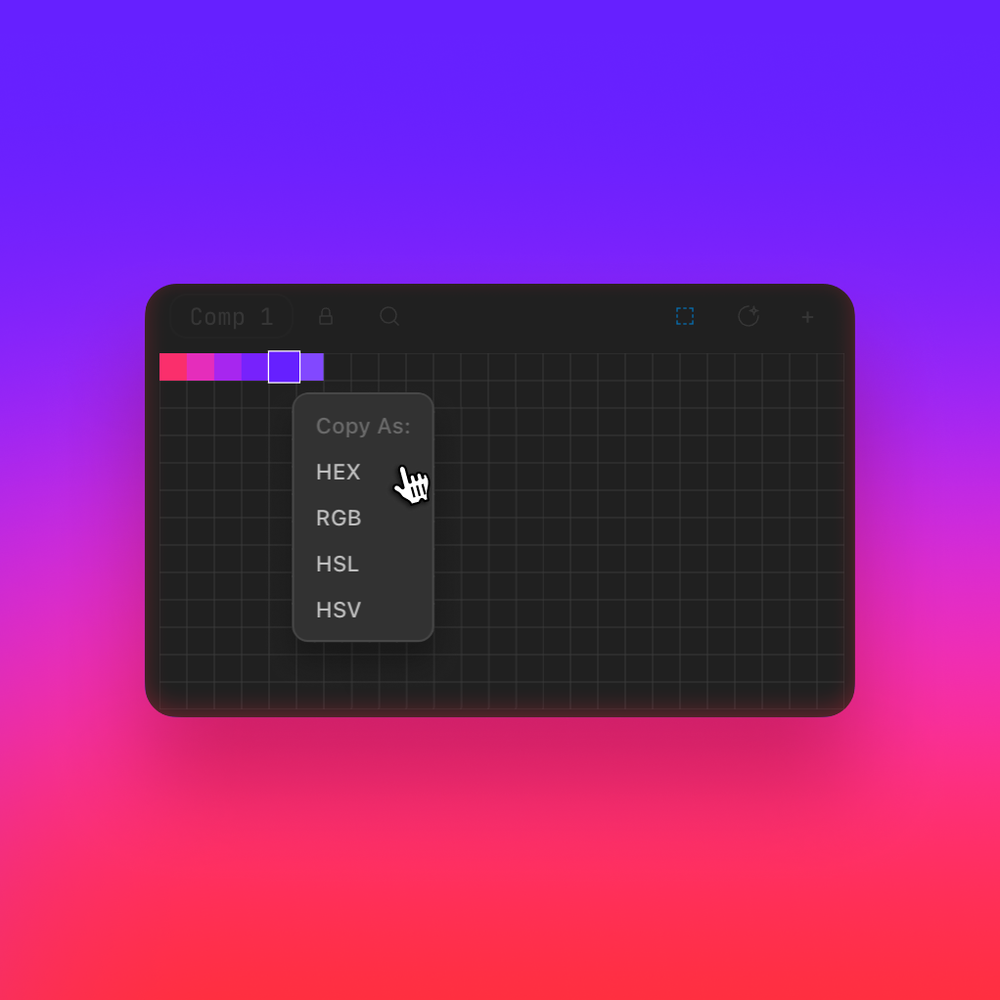 A screenshot of the Swatches plugin for After Effects, showing the sharing options available. The user can choose to copy a swatch's color code in various formats such as HEX, RGB, HSL, or HSV, or export the entire color board as an ASE or JSON file for sharing with others.