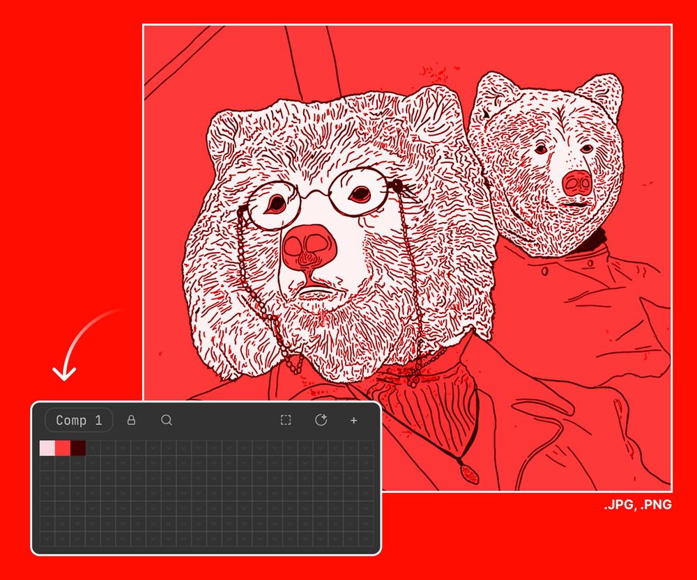 A screenshot of the Swatches plugin for After Effects, showing an image that has been imported into the panel. The plugin has automatically extracted the most prominent colors from the image and created swatches for each color, allowing the user to easily use these colors in their projects. The image is beautiful illustration of 2 bears sitting in a bus looking at different directions, the color palette is of warm reds and whites.
