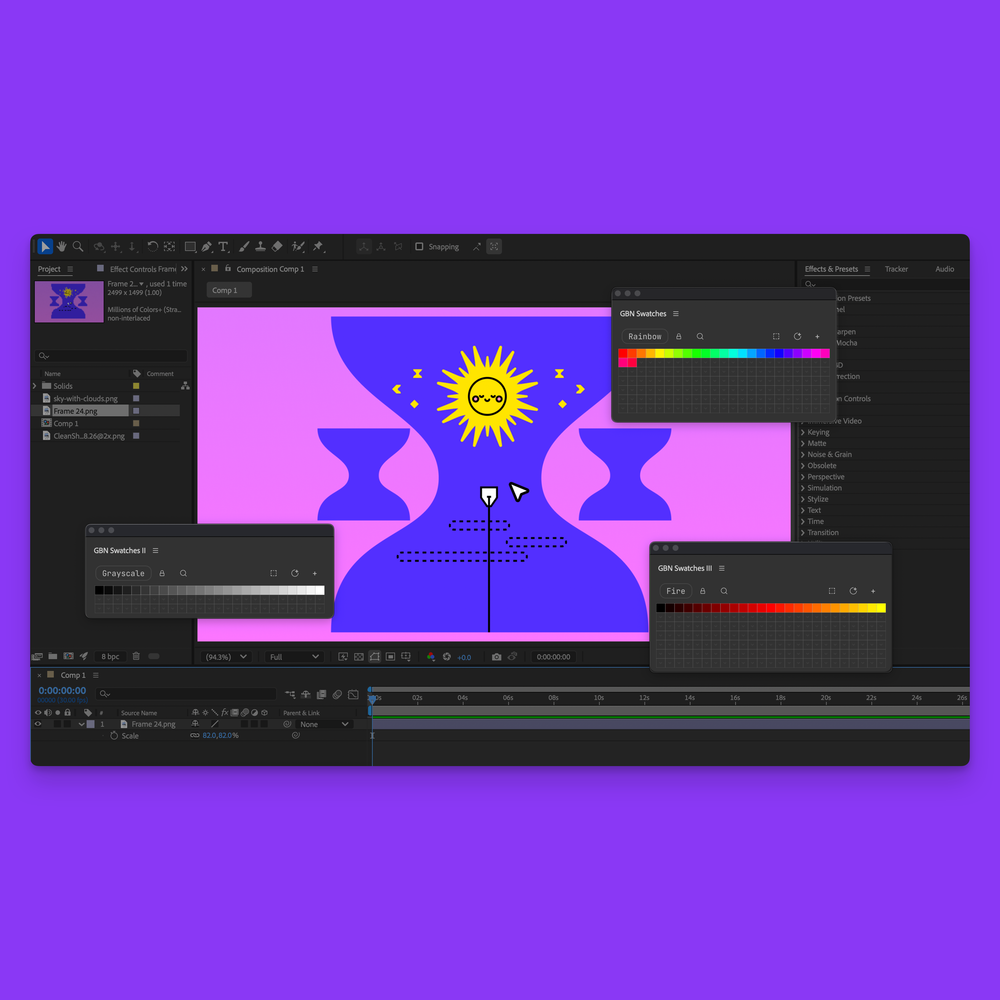 A screenshot of the Swatches plugin for After Effects, showing the multi-panel feature with three separate panels open side by side. Each panel displays a different color board, allowing the user to easily access and use multiple color palettes simultaneously while working on their projects.