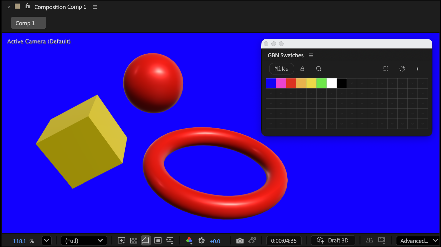 A screenshot of After Effects showing a 3D parametric mesh cube in the Composition panel, with the Swatches panel open to show color swatches being applied to the cube.